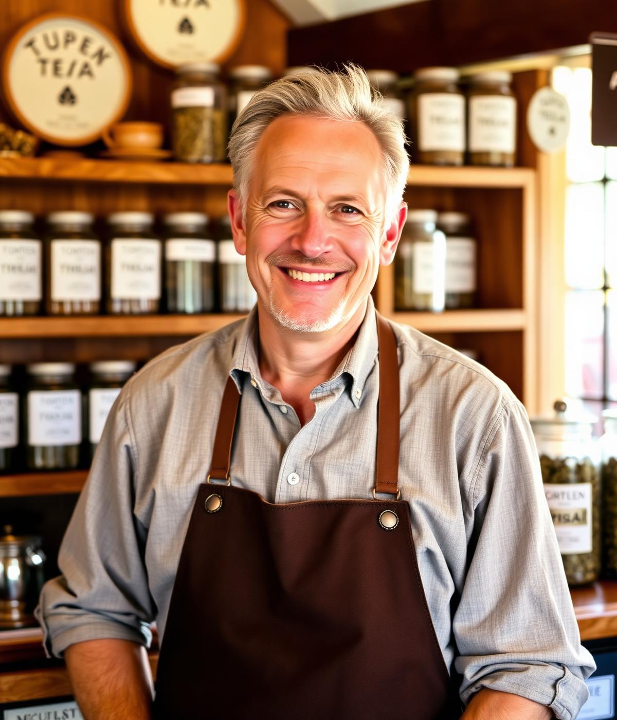 Bruce, the Tea Providore, smiling in his tea shop