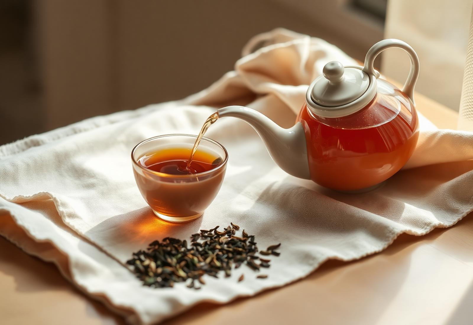 A ceramic teapot pouring amber tea into a cup beside loose leaf tea on linen