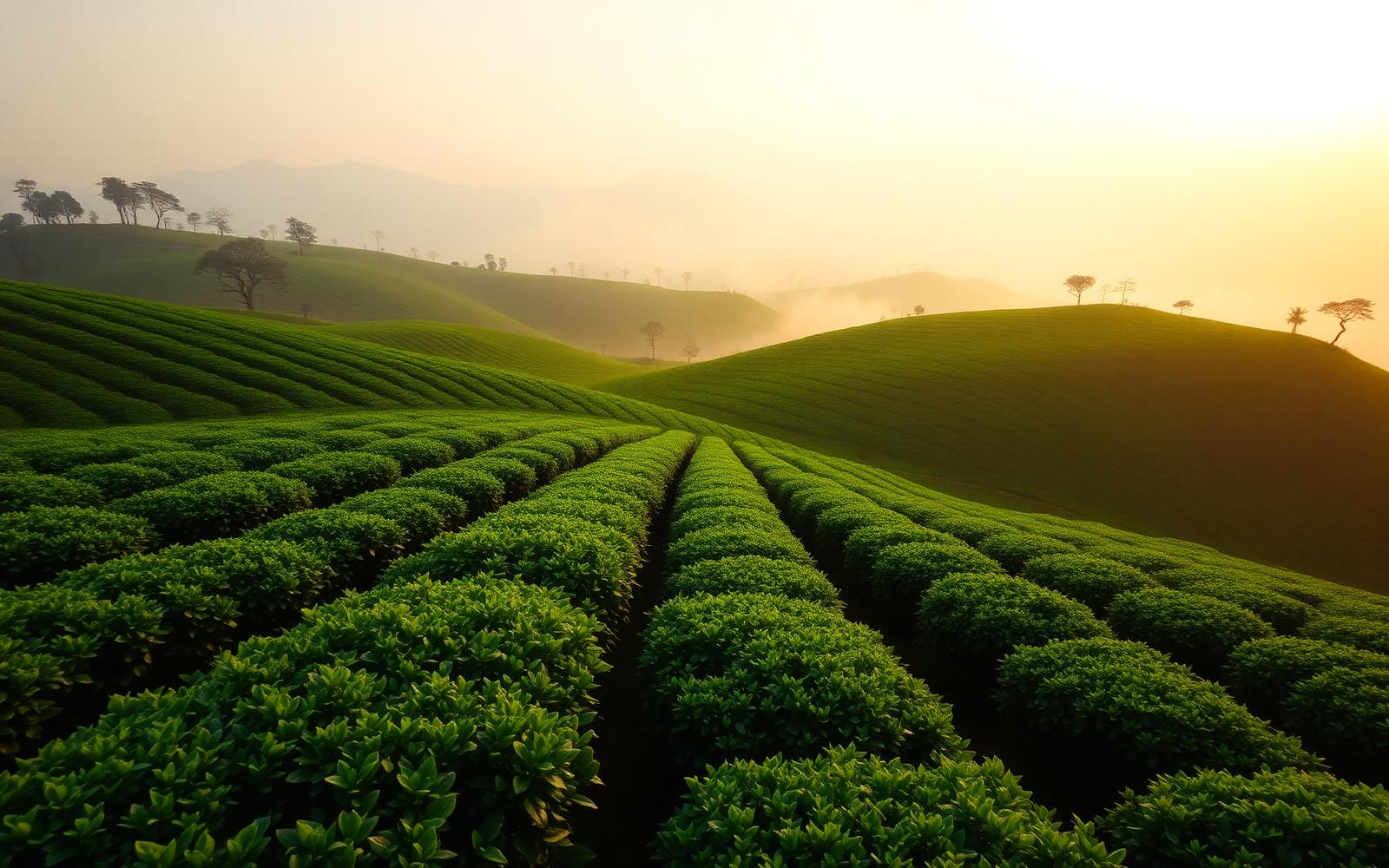 Rows of tea bushes on misty rolling hills at golden hour