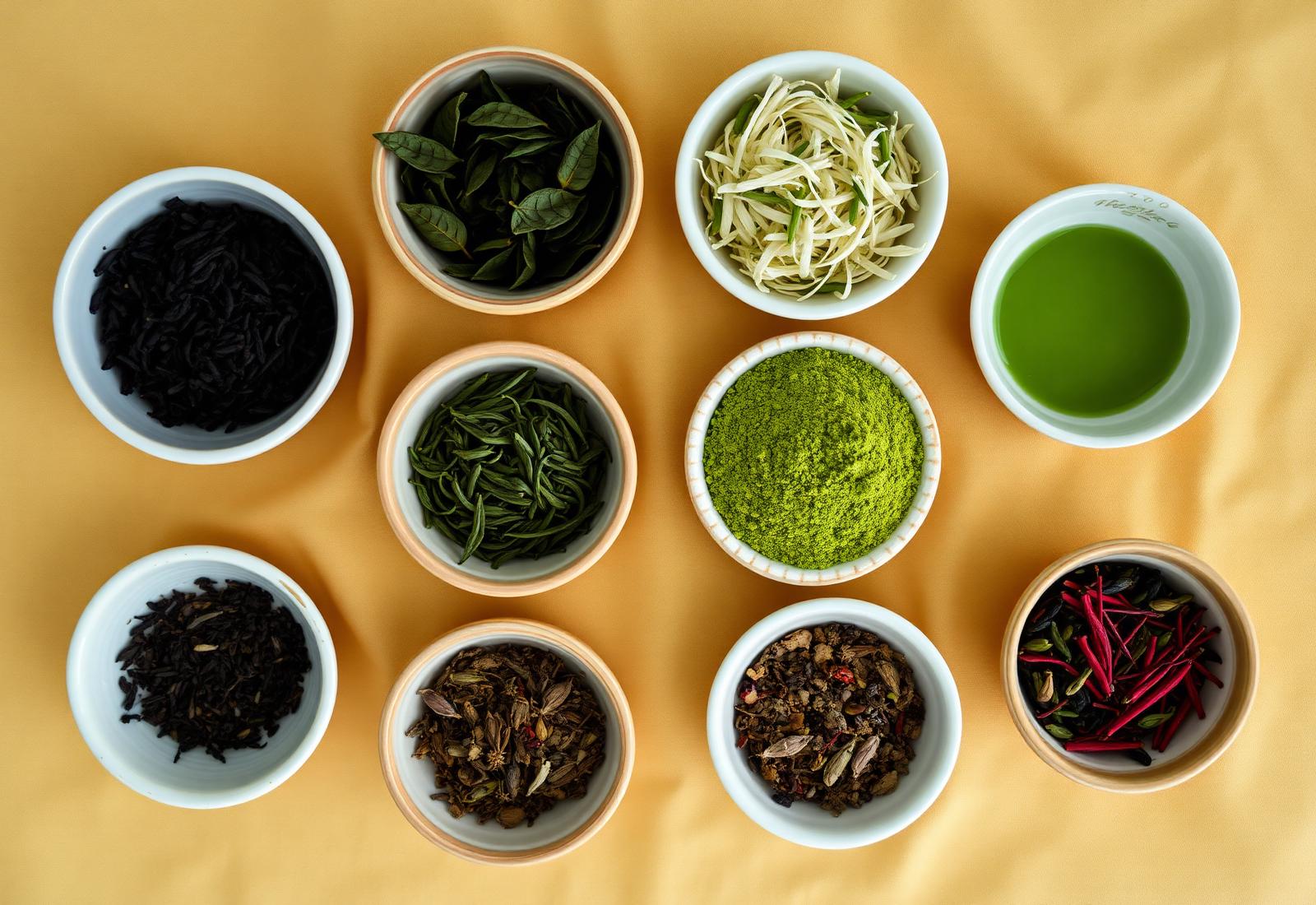 Bowls of loose leaf teas: black, green, white, oolong, matcha, chai, herbal and rooibos